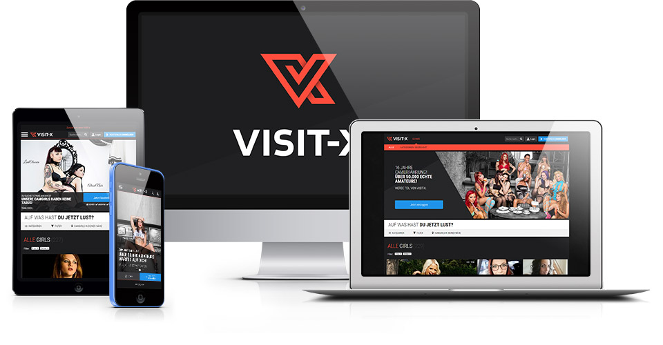 Representation of the responsive design of the VISIT-X cam chat on tablet, laptop, and smartphone.
