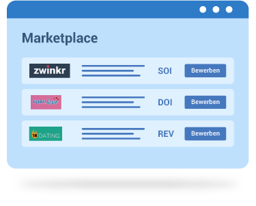 Graphic representation of a marketplace featuring various dating offers (SOI, DOI, REV) and application buttons.