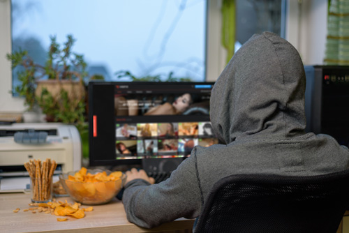 Person wearing a hoodie sitting in front of a computer screen browsing an adult website, with snacks on the desk.